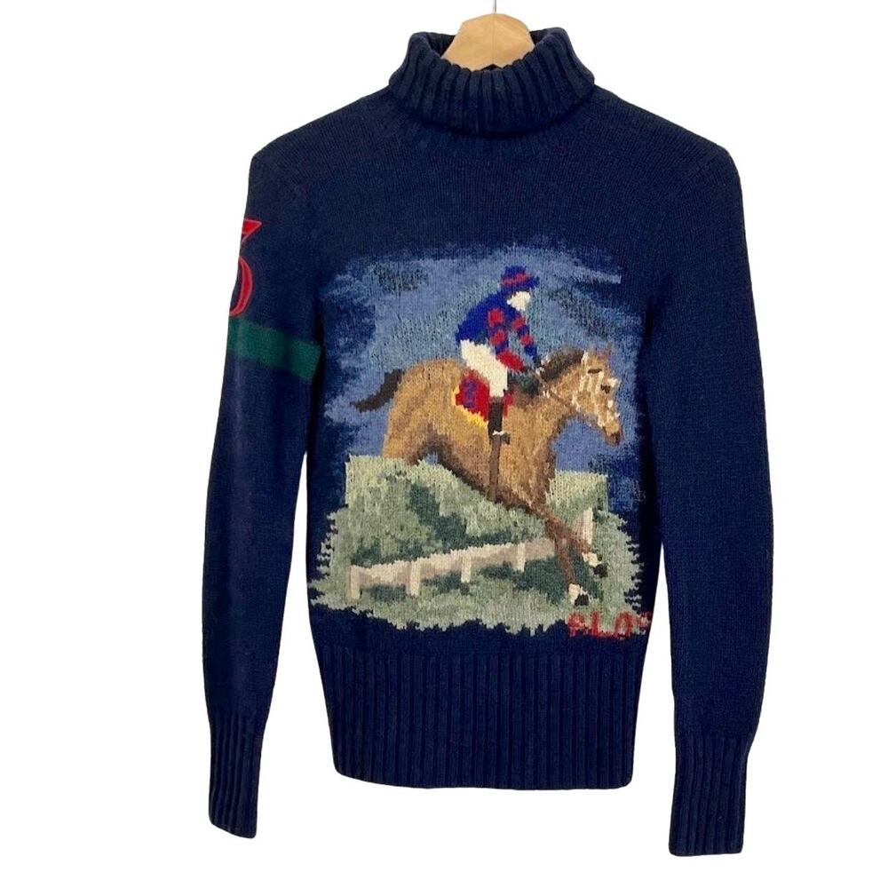 Ralph Lauren Hand-Knit Equestrian Intarsia Turtleneck Sweater  – XS